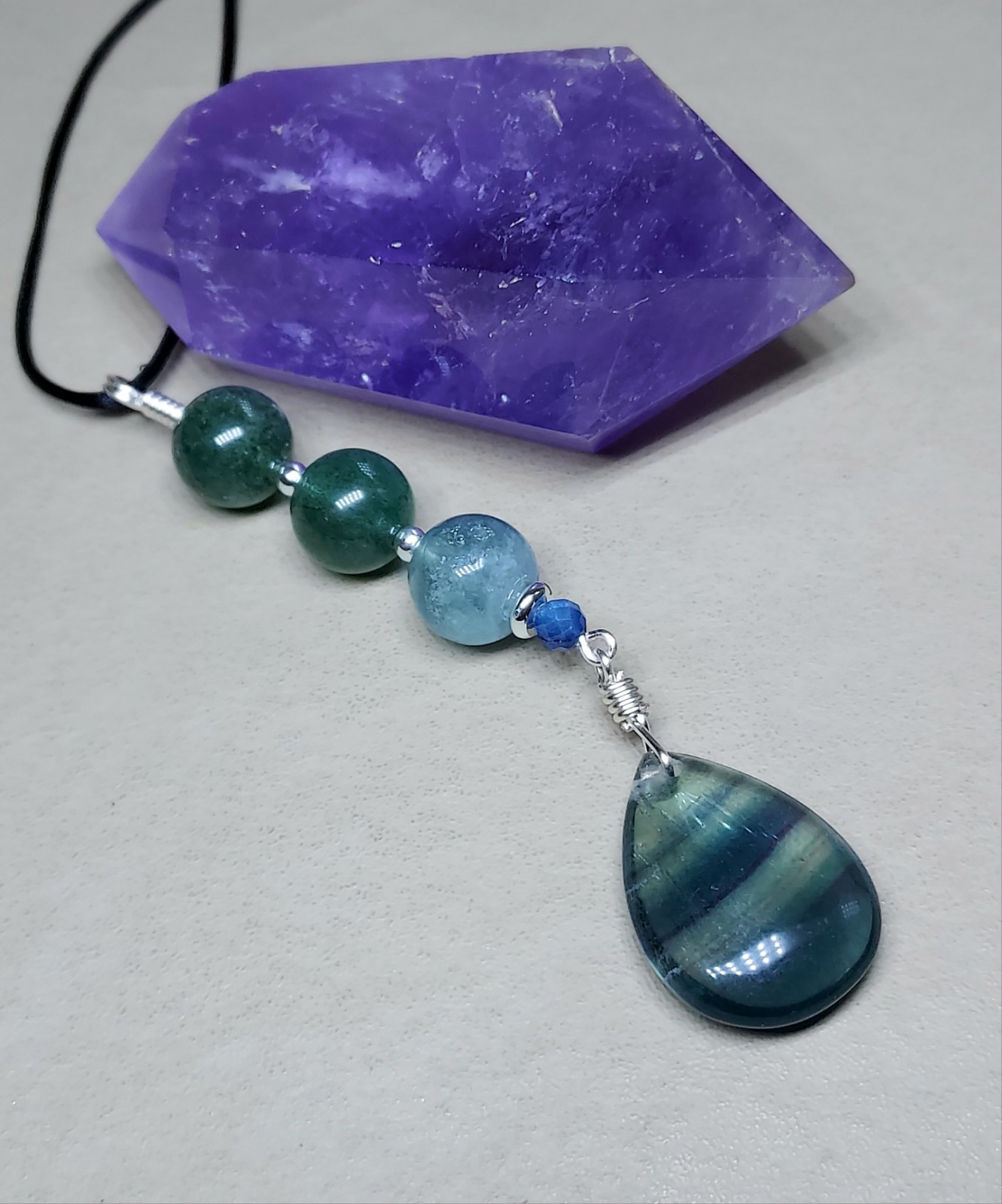 Blue Fluorite Pendant With Green Strawberry Quartz, Colorful Artisan Crafted
