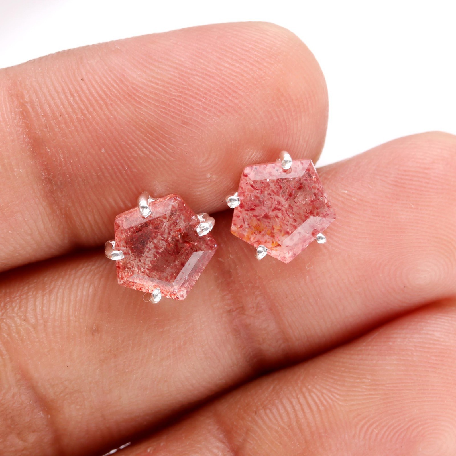 Natural Red Strawberry Pentagon Stud Earrings 925Sterling Silver Jewelry For Her