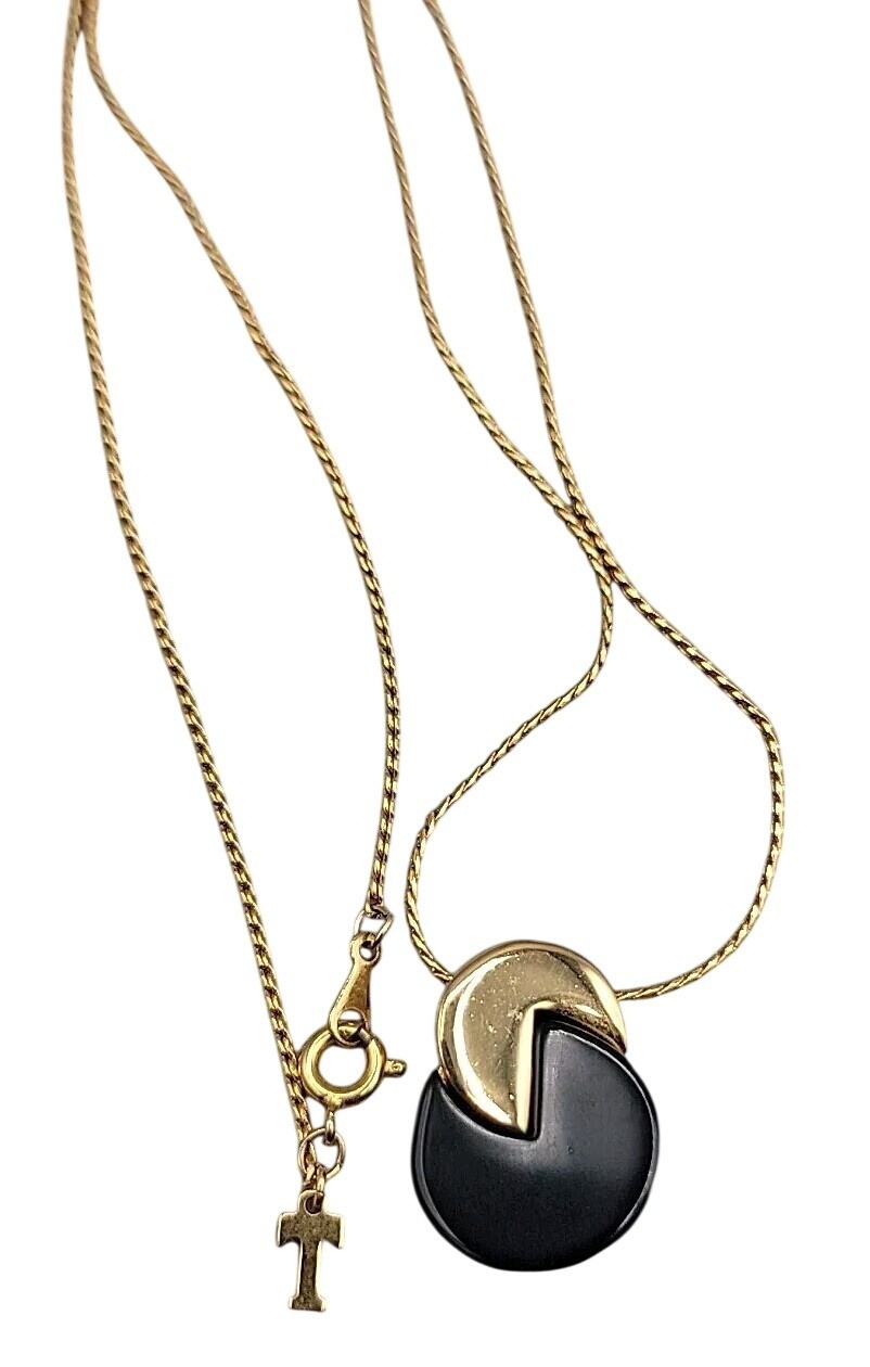 Vintage Crown Trifari Pacman Pendant Necklace Gold-tone & Black Acrylic 18″ Rare