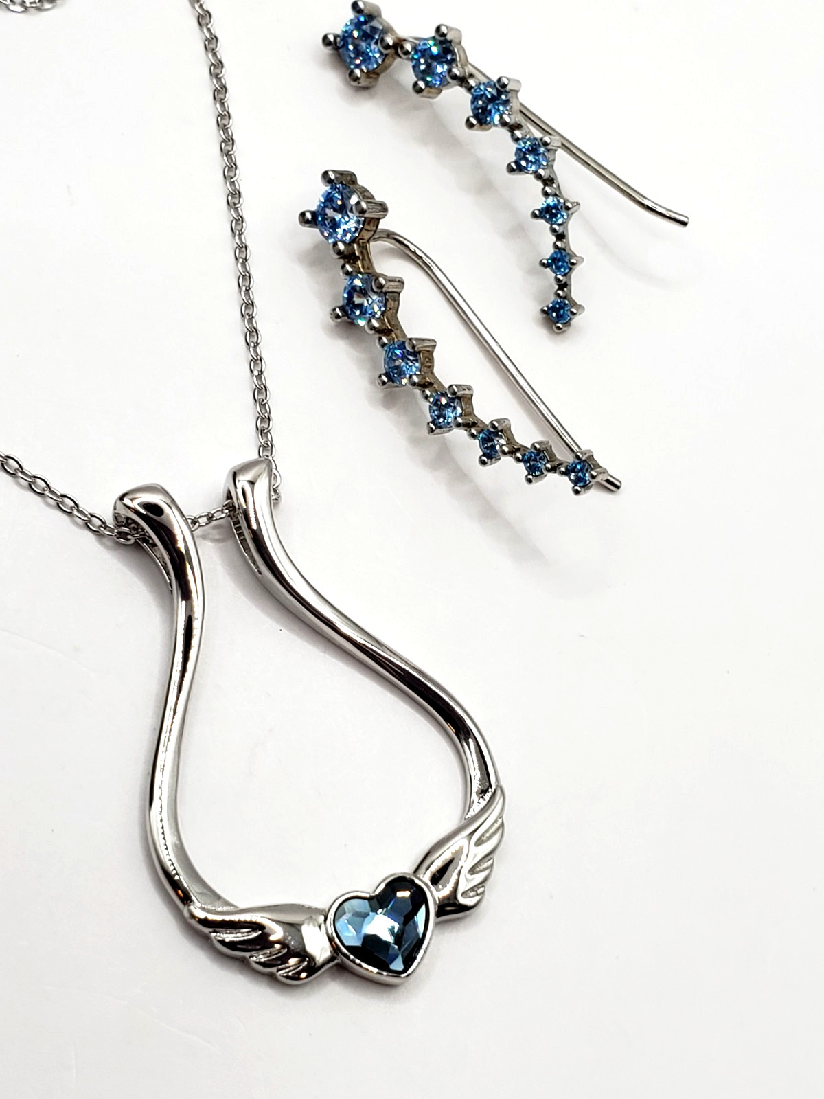 925 Sterling Silver Heaven Angel Wings Blue Arch Necklace & Earrings