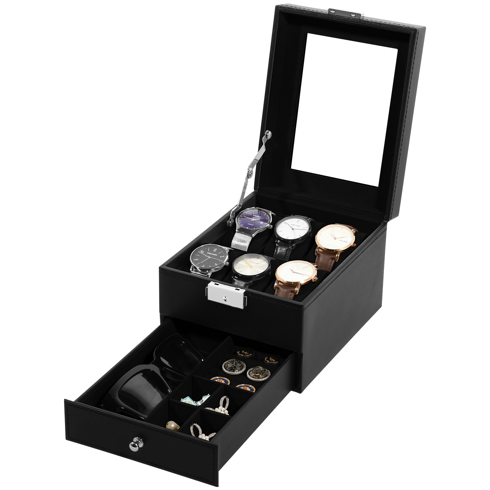 6 Slots Watch Box PU Leather Watch Case Jewelry Storage Glass Lid Display Case
