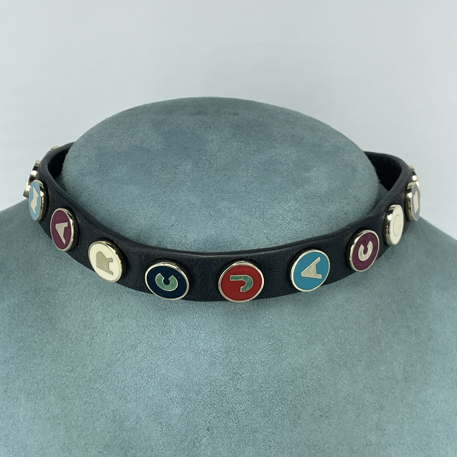 Marc Jacobs choker necklace black leather multicolour enamel spell out RETRO Y2K