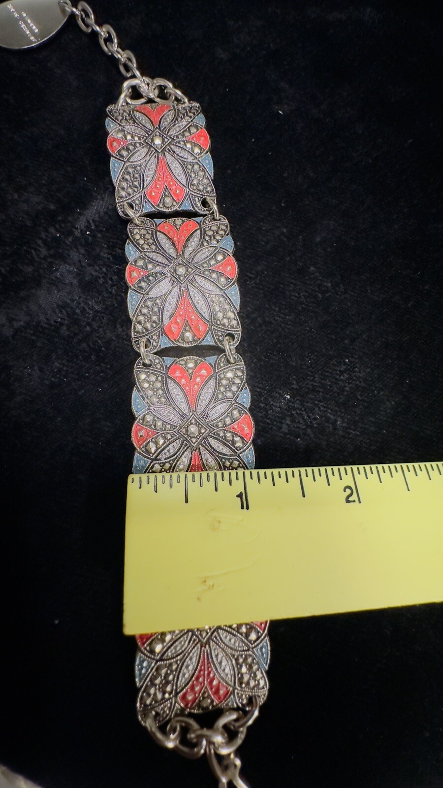 Vintage Art Deco Aluminum Enamel Panel Bracelet West Germany Size 7-9.5” Adj.