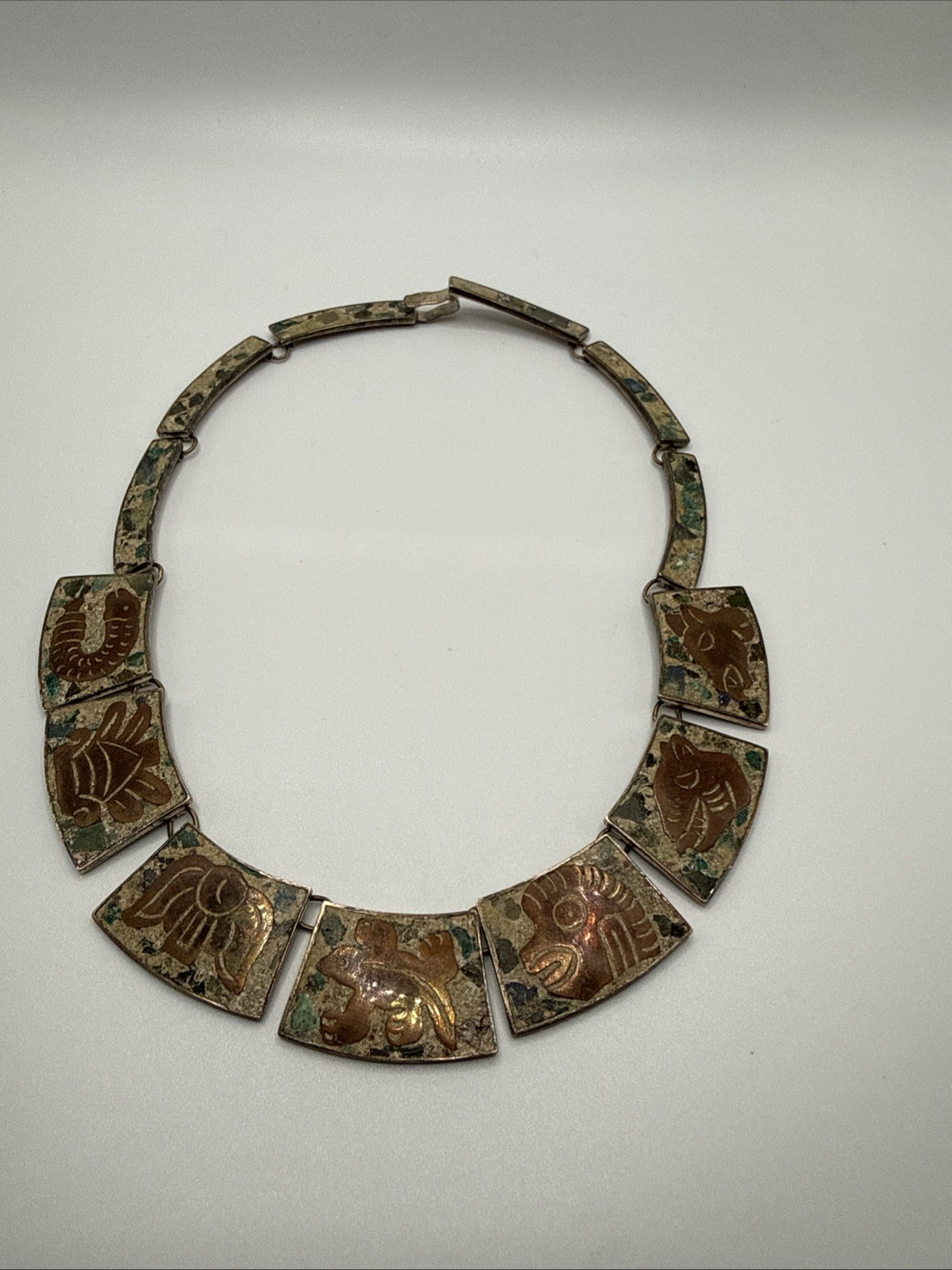 VTG HECHO EN MEXICO 925 STERLING MIXED STONES AZTEC NECKLACE.56.8 GRAMS.SIGN DH?