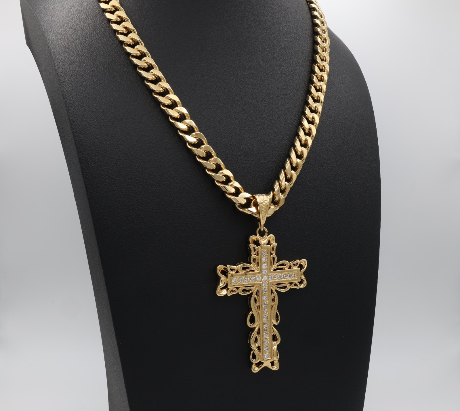 Large Gold CZ Cross Pendant Necklace, 14k Plated, 10mm Cuban Chain Men’s/Women’s