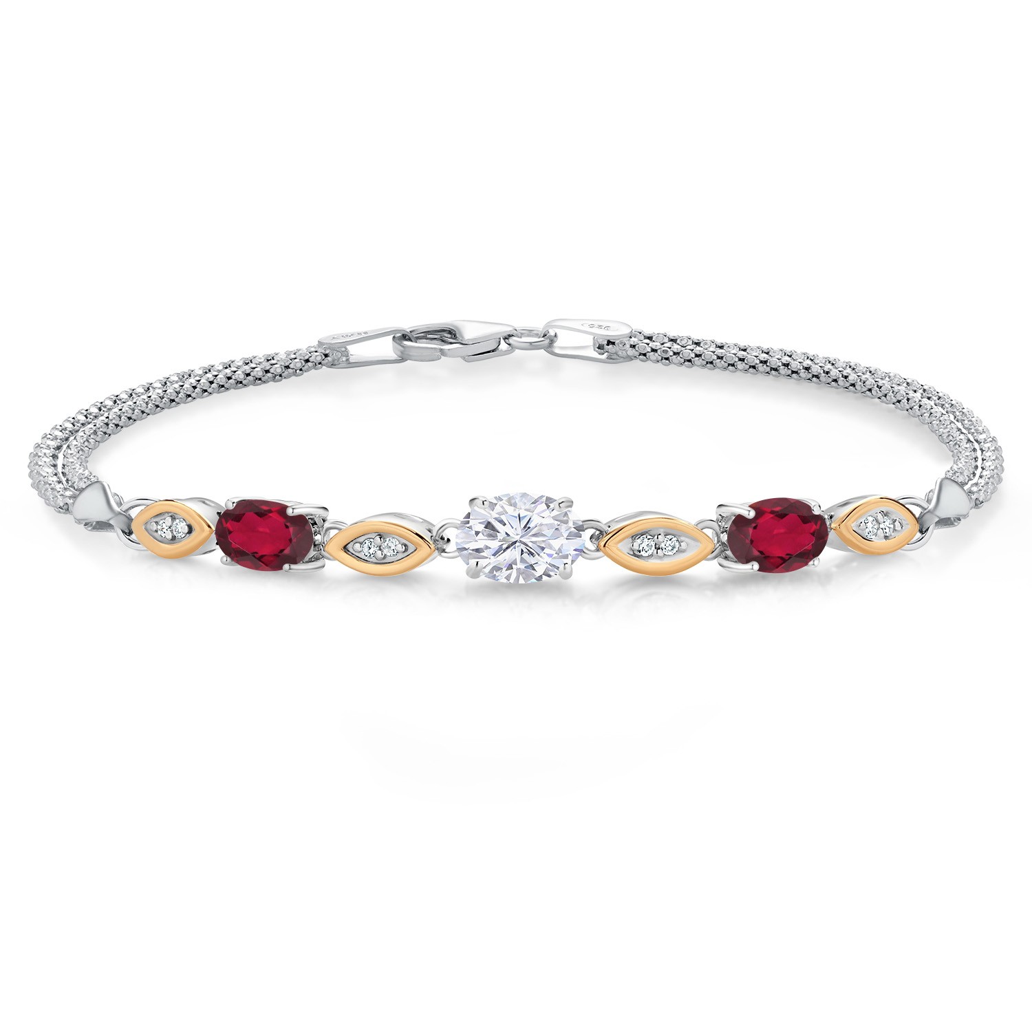925 Silver and 10K Yellow Gold White Moissanite and Ruby Red Mystic Topaz and