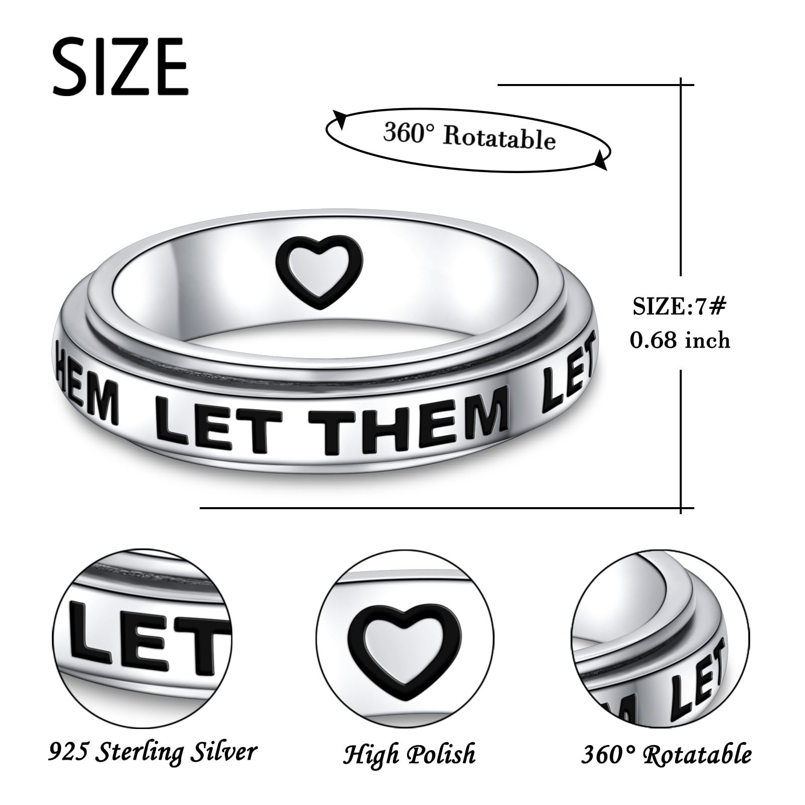 Let Them Spinner Ring 925 Sterling Silver Anxiety Fidget Ring for Heart Spinn…