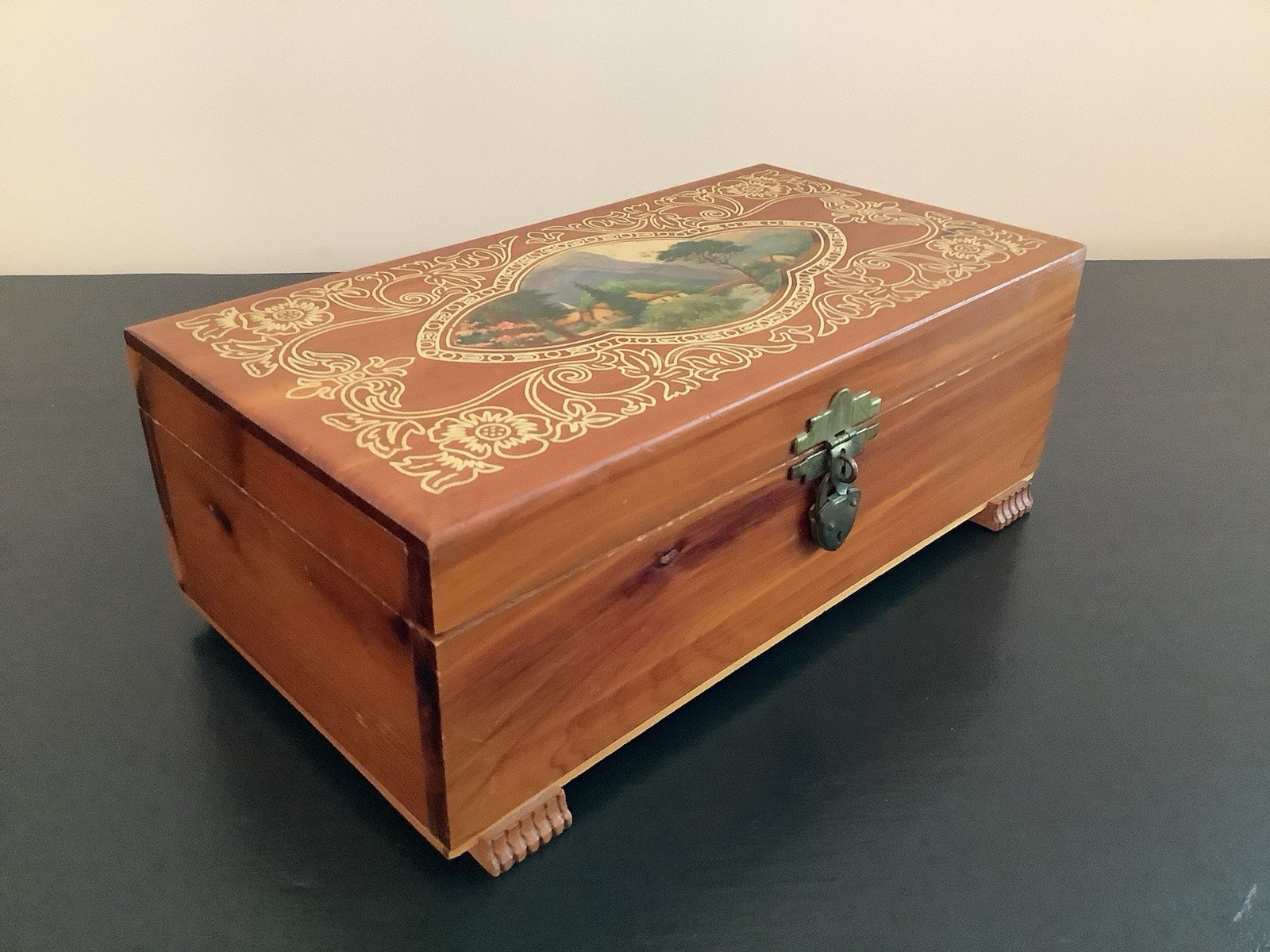 Vintage Cedar Wooden Keepsake Box Landscape Lid Rustic Jewelry Storage Cottage