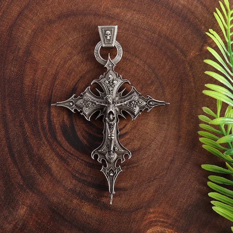 Vintage Gothic Skull Jesus Cross Pendant Necklace Catholic Jewelry for Men Punk