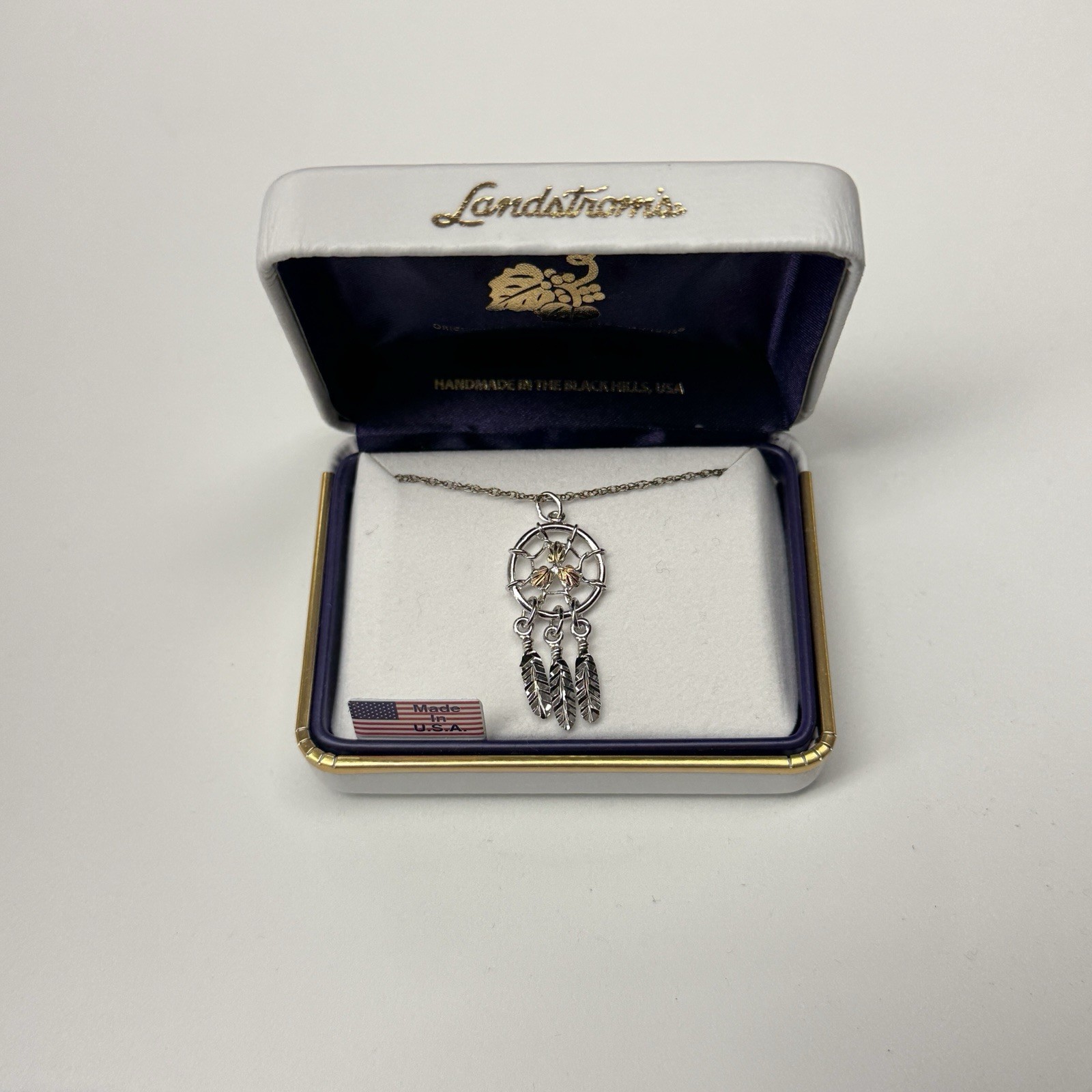 Landstrom’s Black Hills Gold 12K Solid Gold Dreamcatcher Pendant Feather 18in
