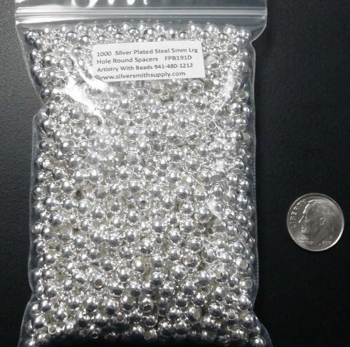 1000 Spacer beads 5mm smooth round silver plt lrg hole jewelry beads FPB191C