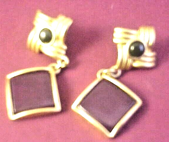 Vintage Pierced Earrings Gold Tone Maroonish Color Double Link Design No Caps