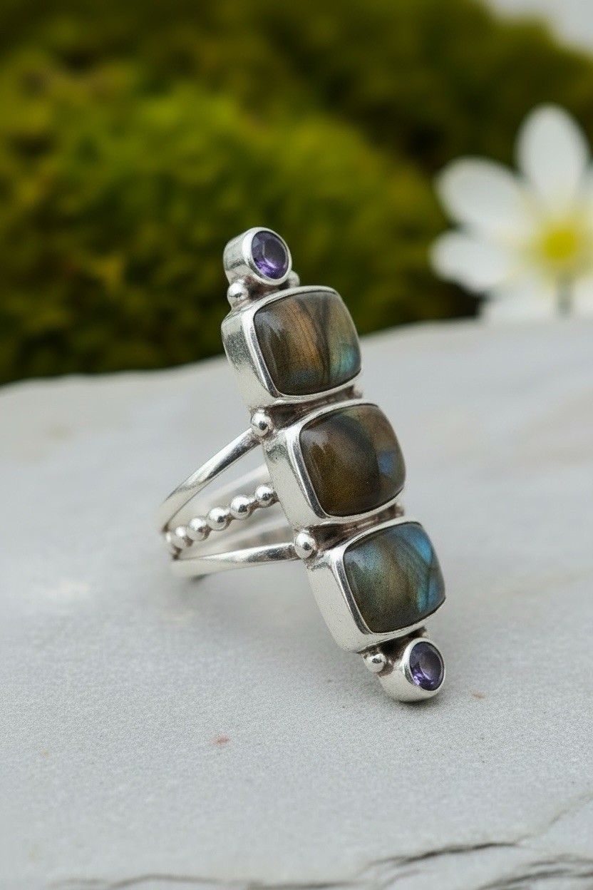 Sajen 925 Sterling Silver Labradorite and Amethyst Ring Size 9