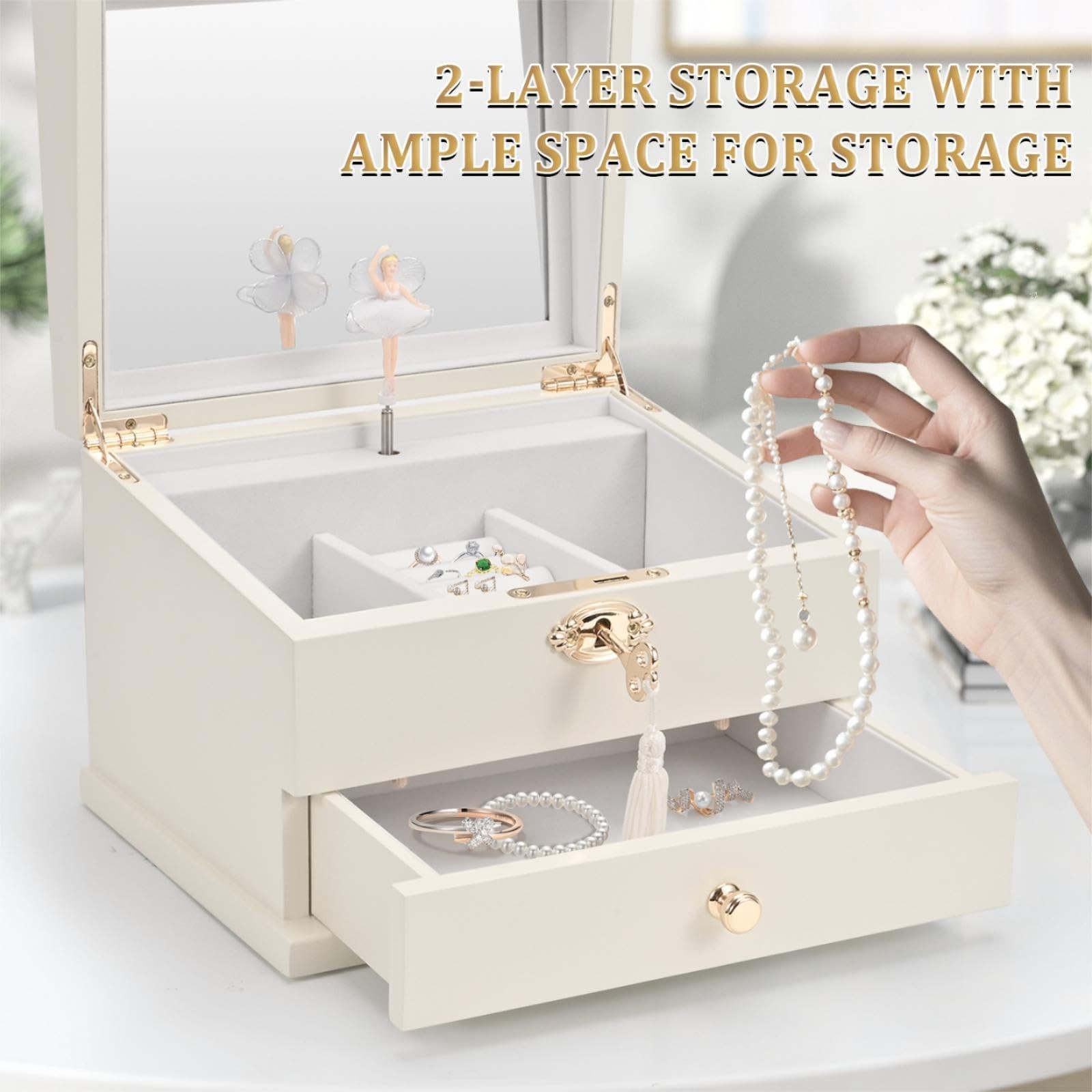 Lihou PapaQ Wooden Ballerina Medium Musical Jewelry Box with Mirror and Lock …