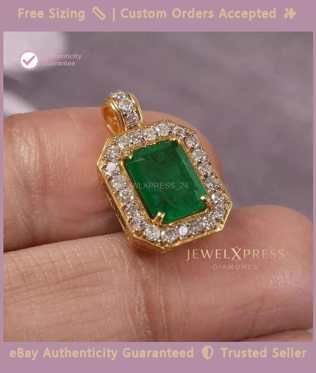 Natural Green Emerald 2Ct Emerald Cut Women Halo Pendant 14K Yellow Gold