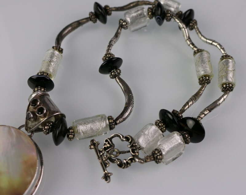 Vintage Sterling Silver 925 Mother Of Pearl Enhancer Murano Glass Necklace 93g