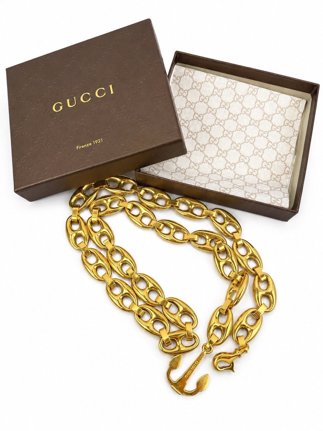 Gucci Mariner Chain Link Belt / Necklace, Anchor Charm, Gold Tone, W Box, COA