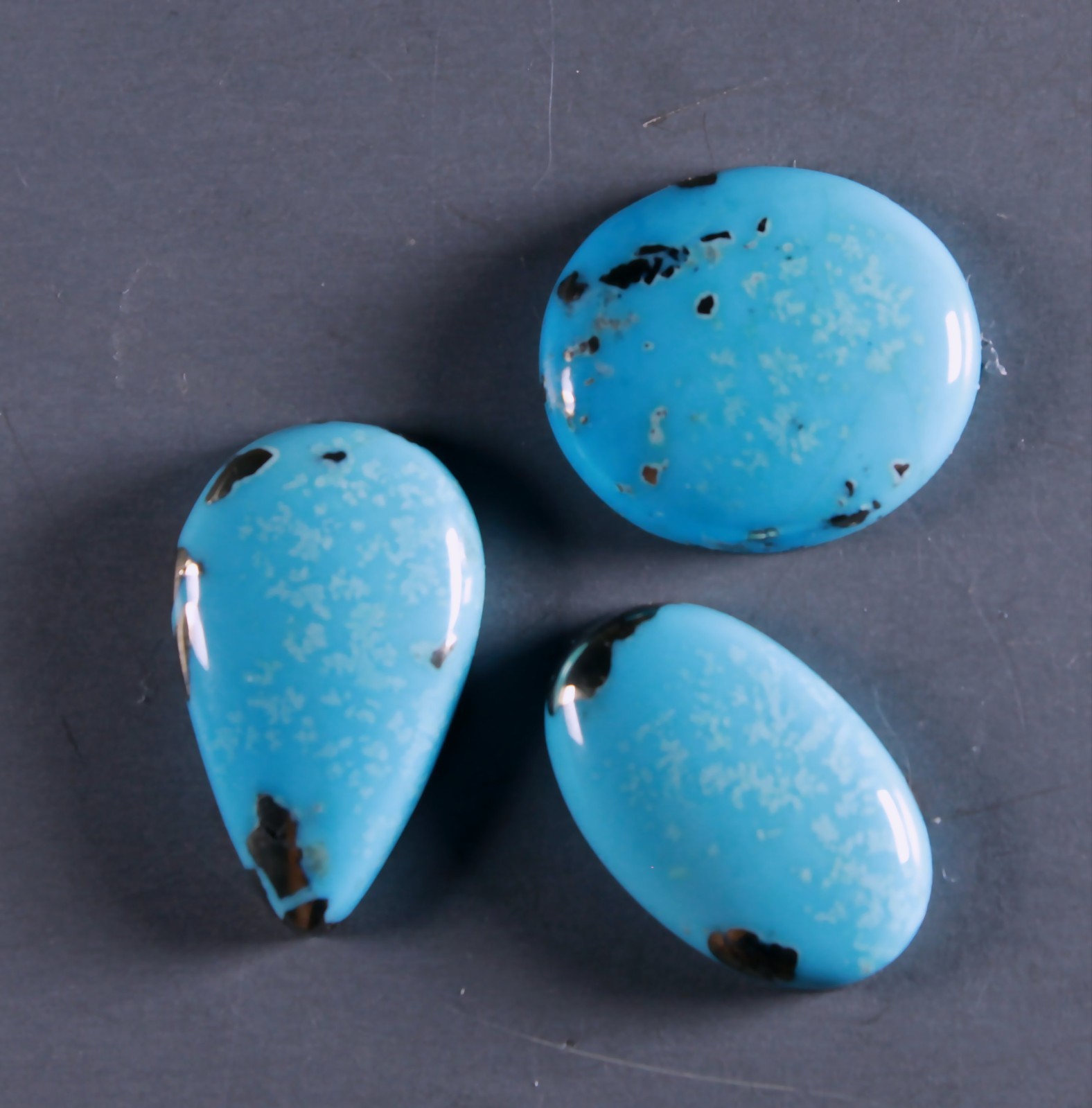 All 3 Persian Turquoise Cabochons with Pyrite Pear Oval Shape