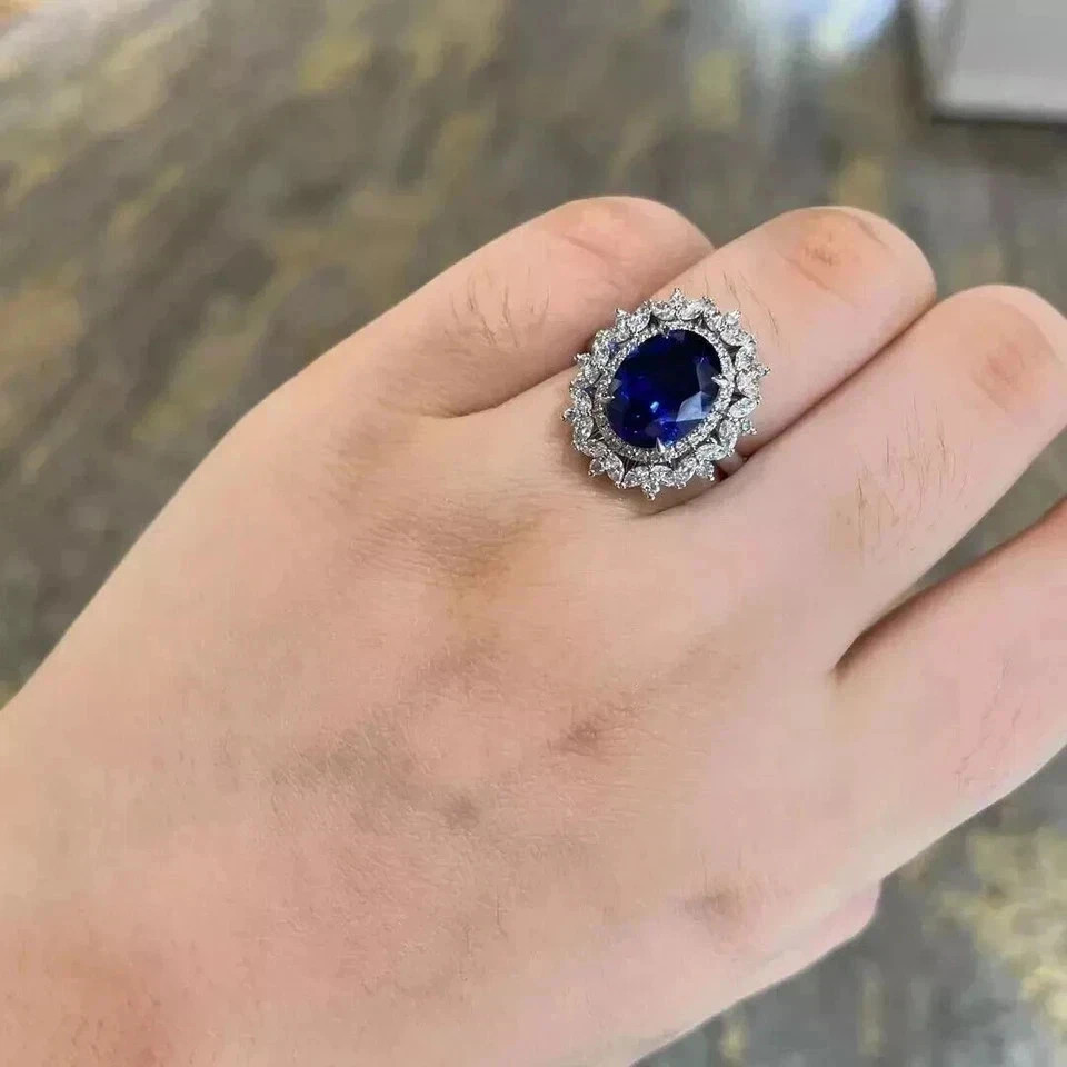 6.50Ct Oval Cut Natural Sapphire Diamond Wedding Ring 14K White Gold Size 6 7 8