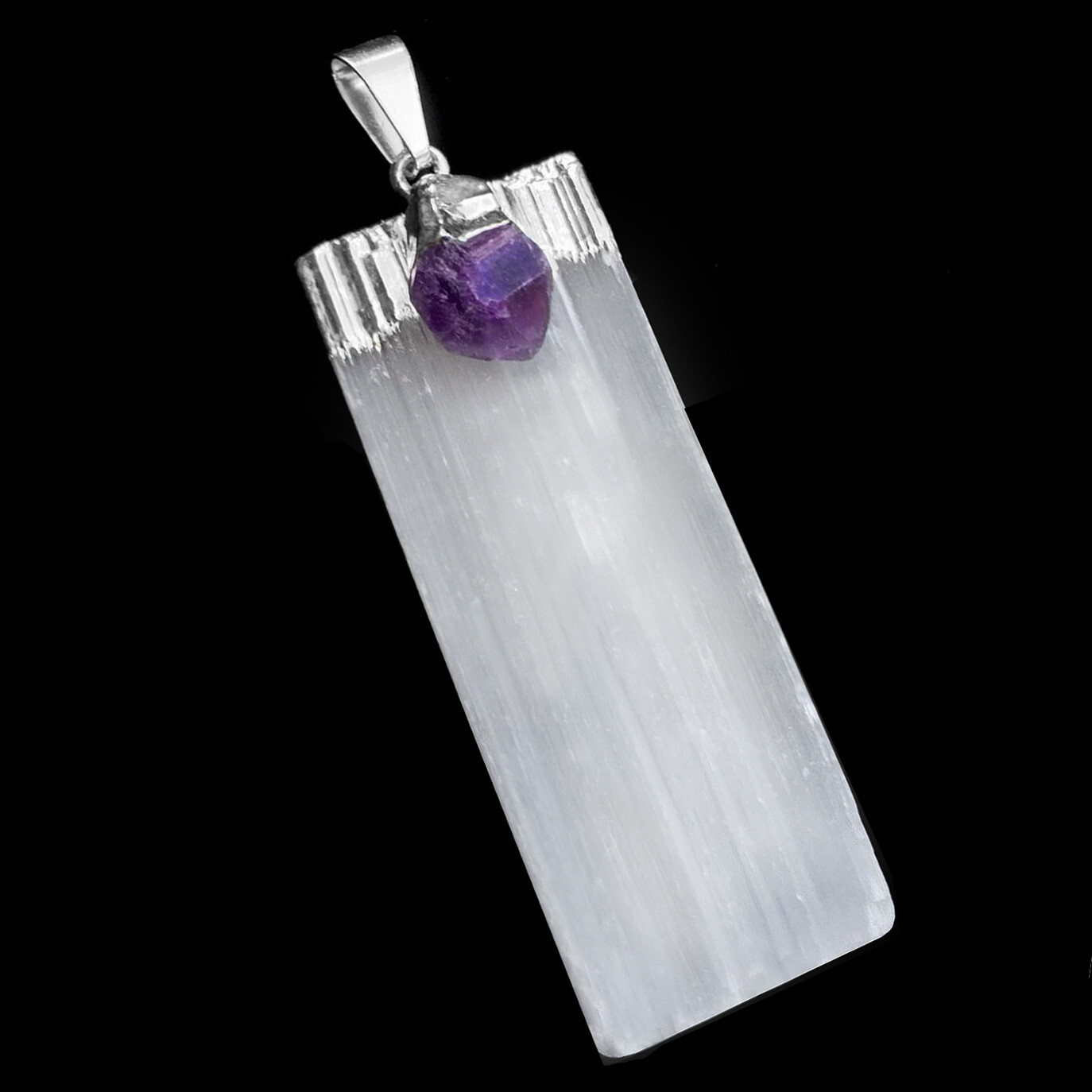 Selenite Amethyst Chakra Crystal Pendant CHARGED 925 Sterling Silver Necklace He