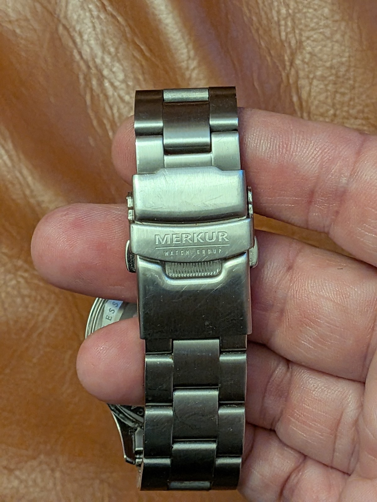 Merkur Big Eye Grey Seagull St 1901 mechanical chronograph watch with bracelet.