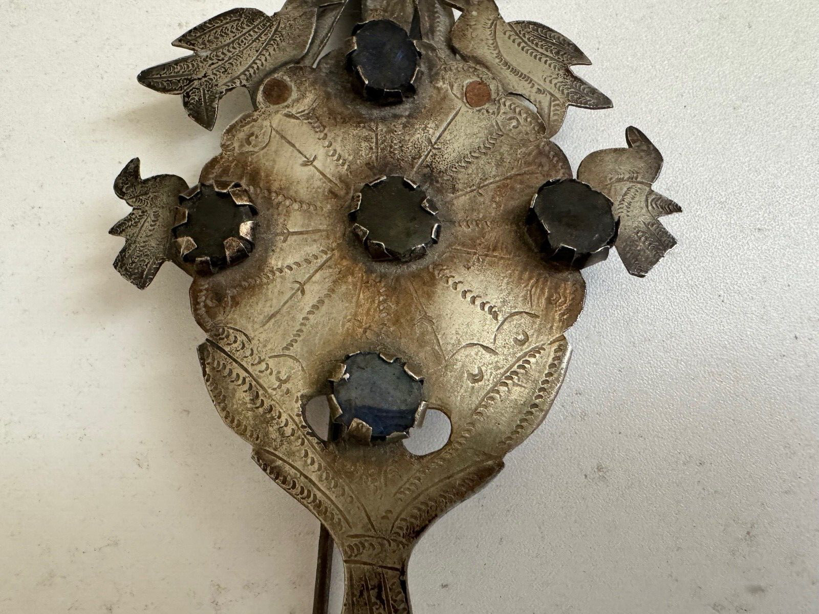 Antique Spanish Colonial Peruvian Large Tupu Shawl Pin Birds & Articulated Fish