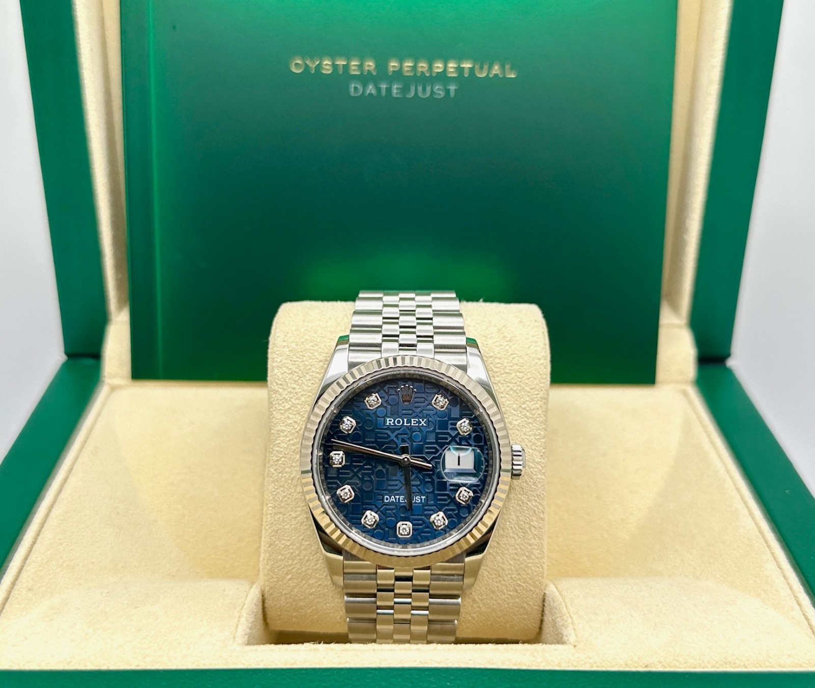 Rolex Datejust 126234 36mm Blue Jubilee Diamond Dial 18K White Gold Steel Box