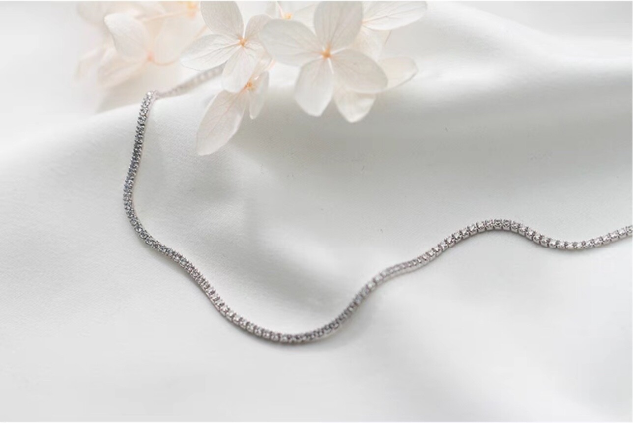 Stunning Genuine 925 Sterling Silver CZ Crystal Choker Tennis Necklace 32cm-38cm