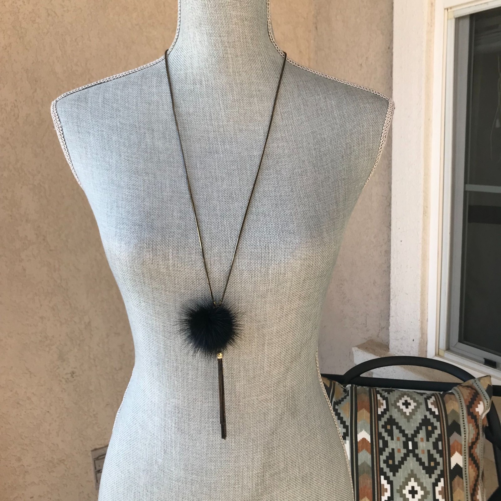 NWT Anthropologie Jewelry Whimsigoth Necklace Black Genuine Mink Pompom Boho