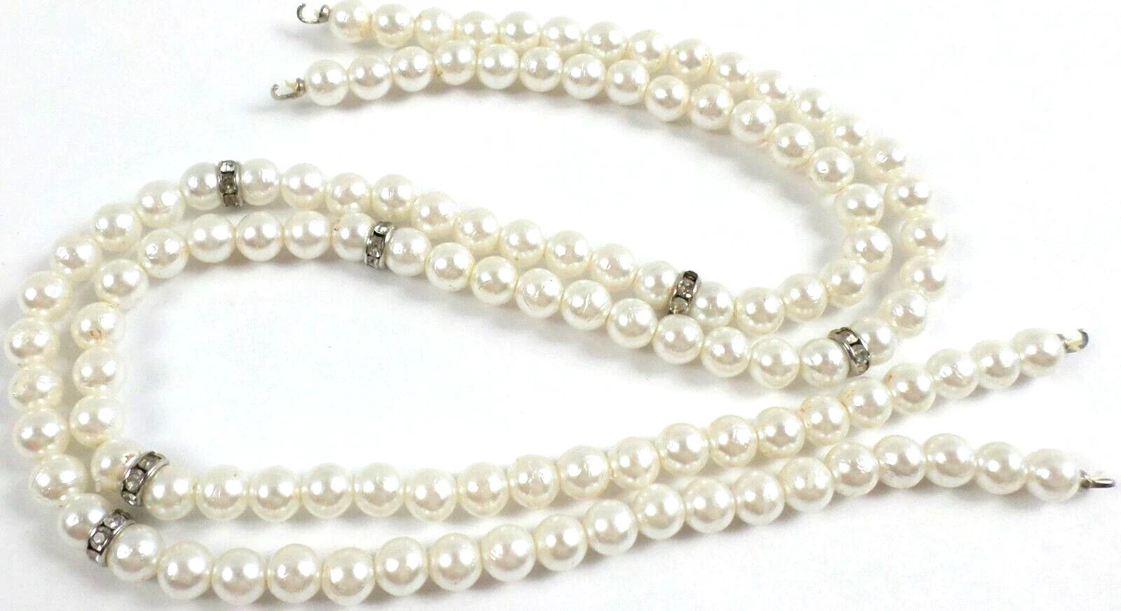 2 -Vintage 13.25″ White 6mm Acrylic Pearls 122 Bead Strand Rhinestone Hooks End