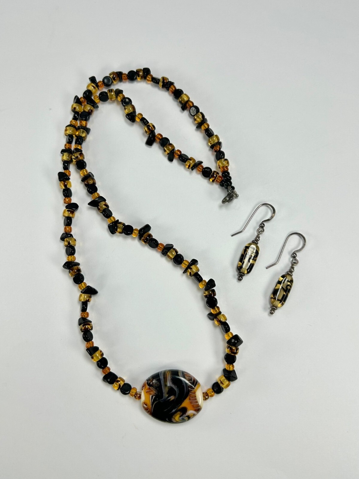 925 Glass Beaded Necklace Earrings Set Swirled Orange Amber Brown Black White