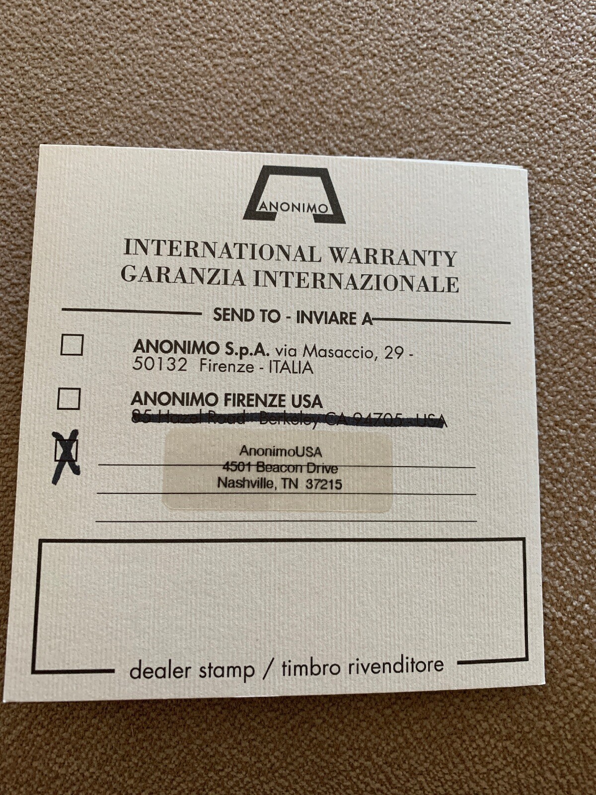 Anonimo OX Watch International Warranty Guarantee Authentic (Partially Unfilled)