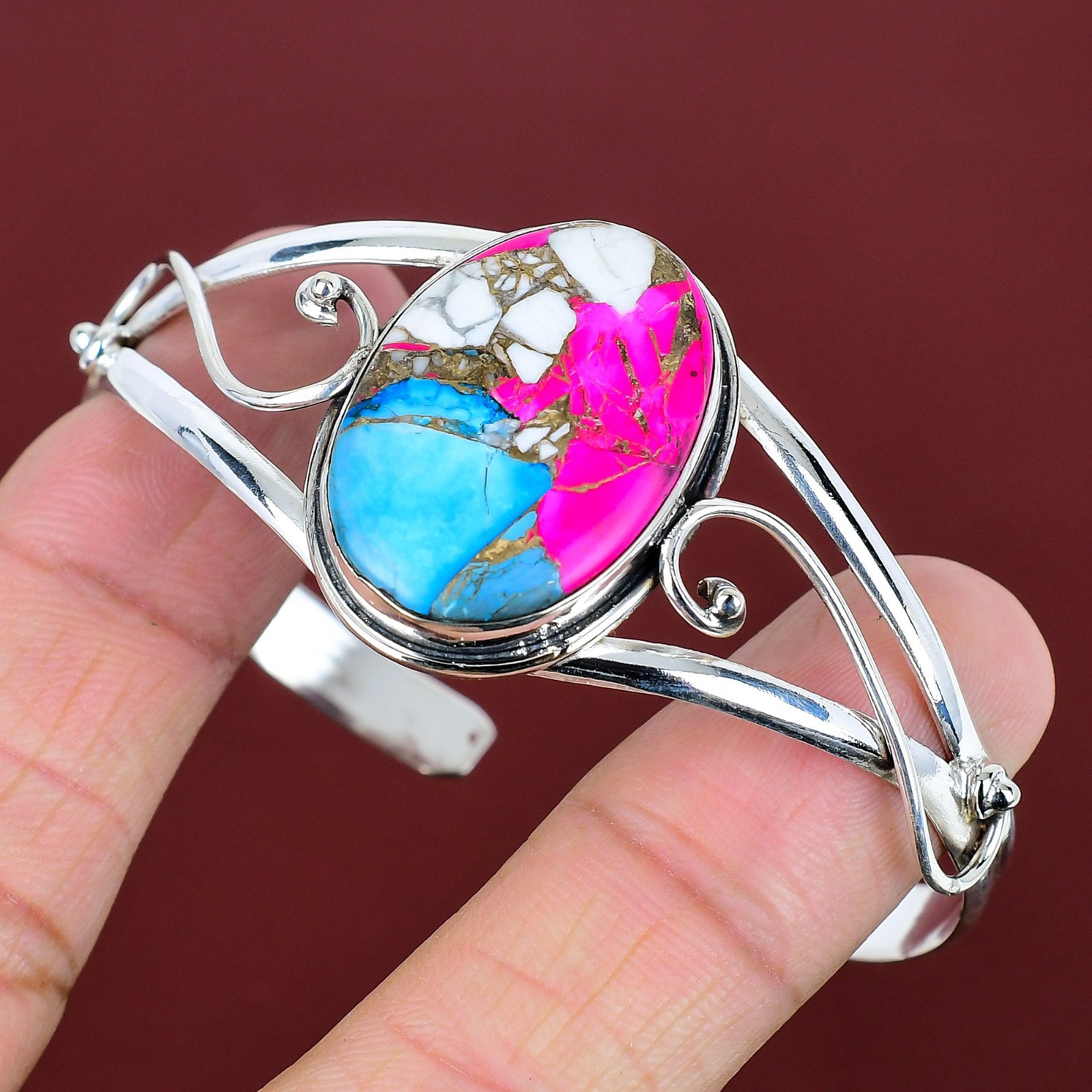 Cotton Candy Turquoise Gemstone 925 Sterling Silver Adjustable Cuff Bracelet