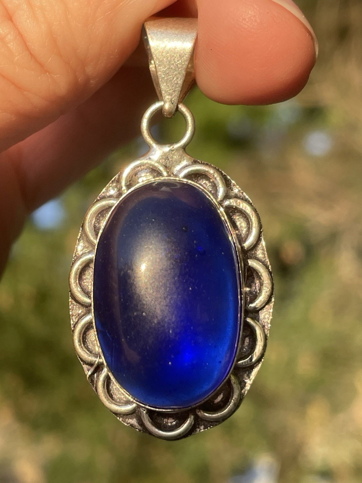 Sterling Silver 925 Cobalt Blue Glass? Cabochon Oval Pendant Vintage Style Boho