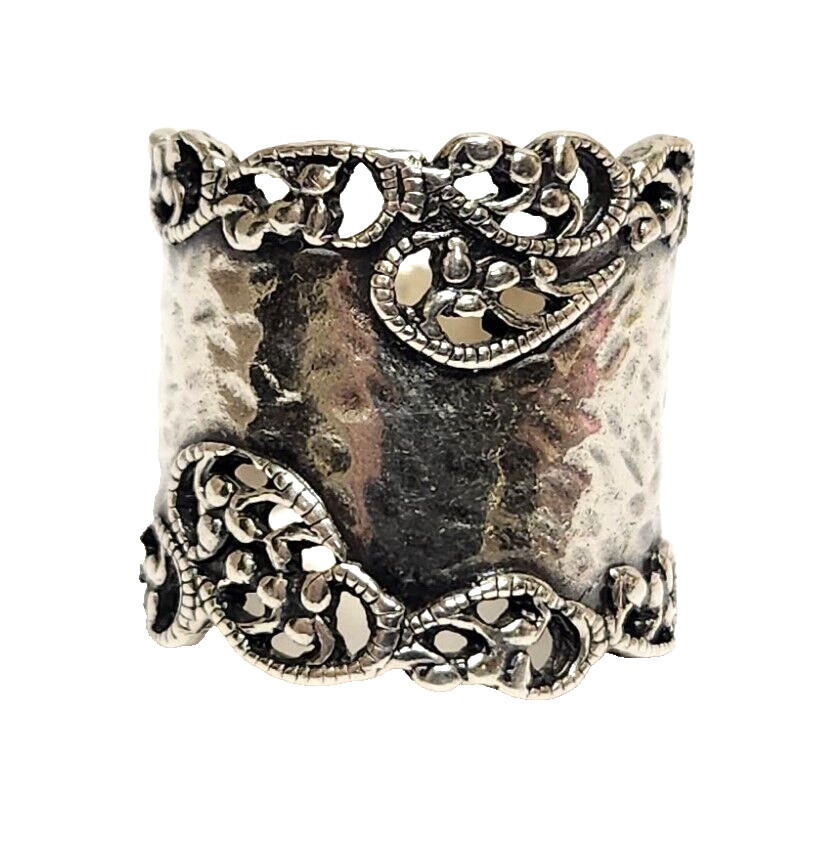 PZ PAZ Israel 925 Sterling Silver Hammered Scroll Work Cigar Band Ring Size 6