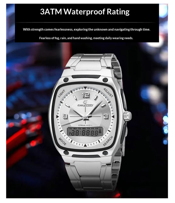 Men’s Alloy Square Watch Dual Display Quartz + Electronic Multi Functions 3Atm