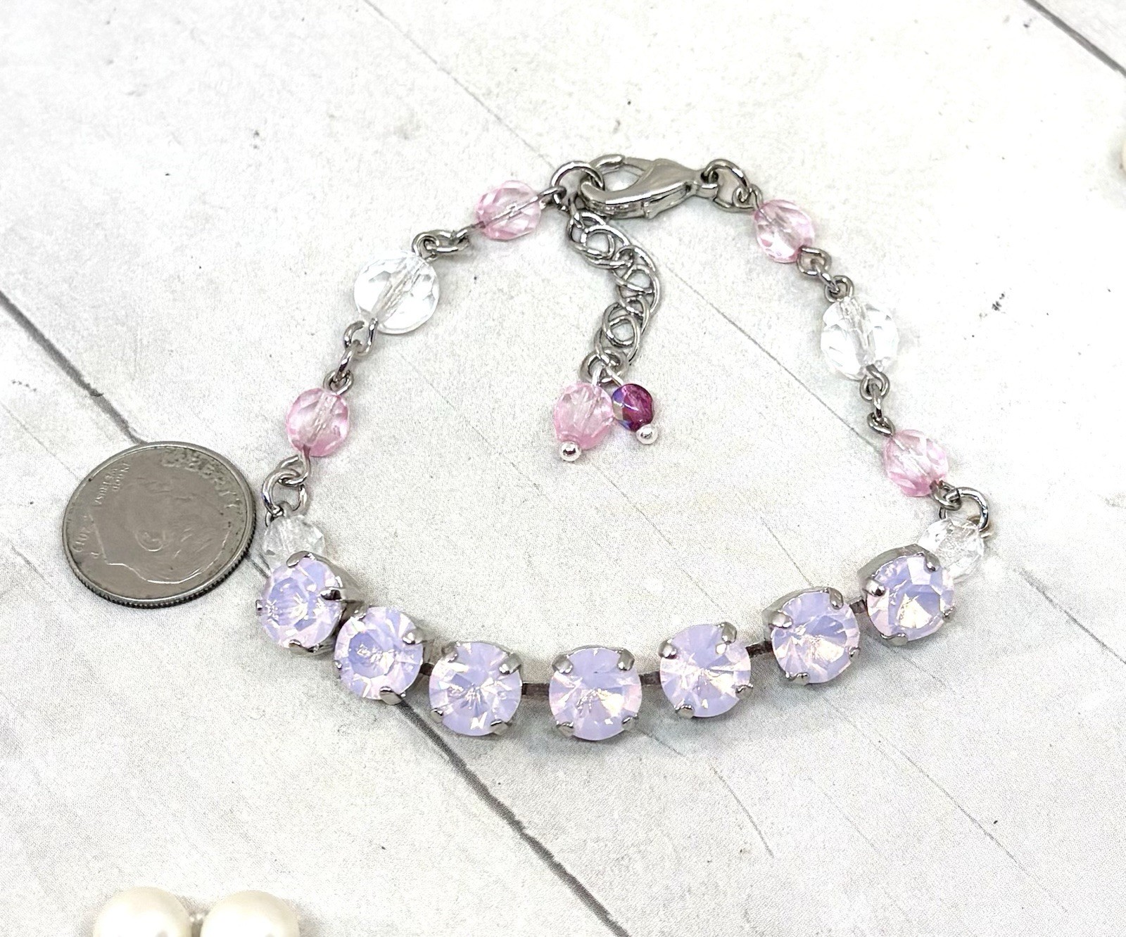 8mm Shiny Silver Plated Beaded Pink Opal Crystal Tennis Cup Chain Bracelet
