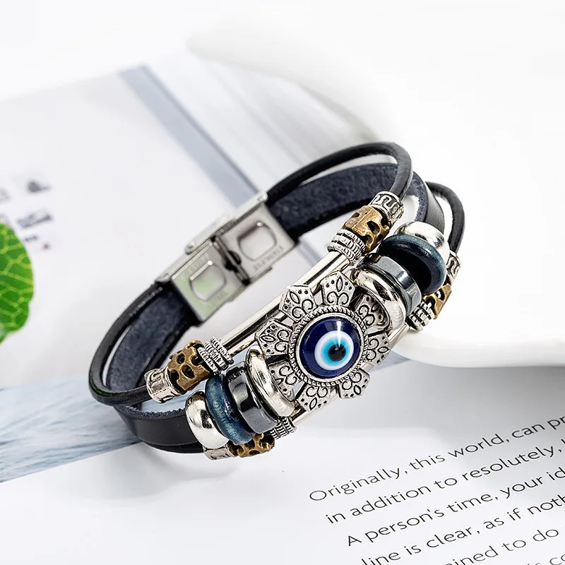 Punk Turkish Evil Eye Stainless Steel Bend Multilayer Leather Bracelet Man Woman