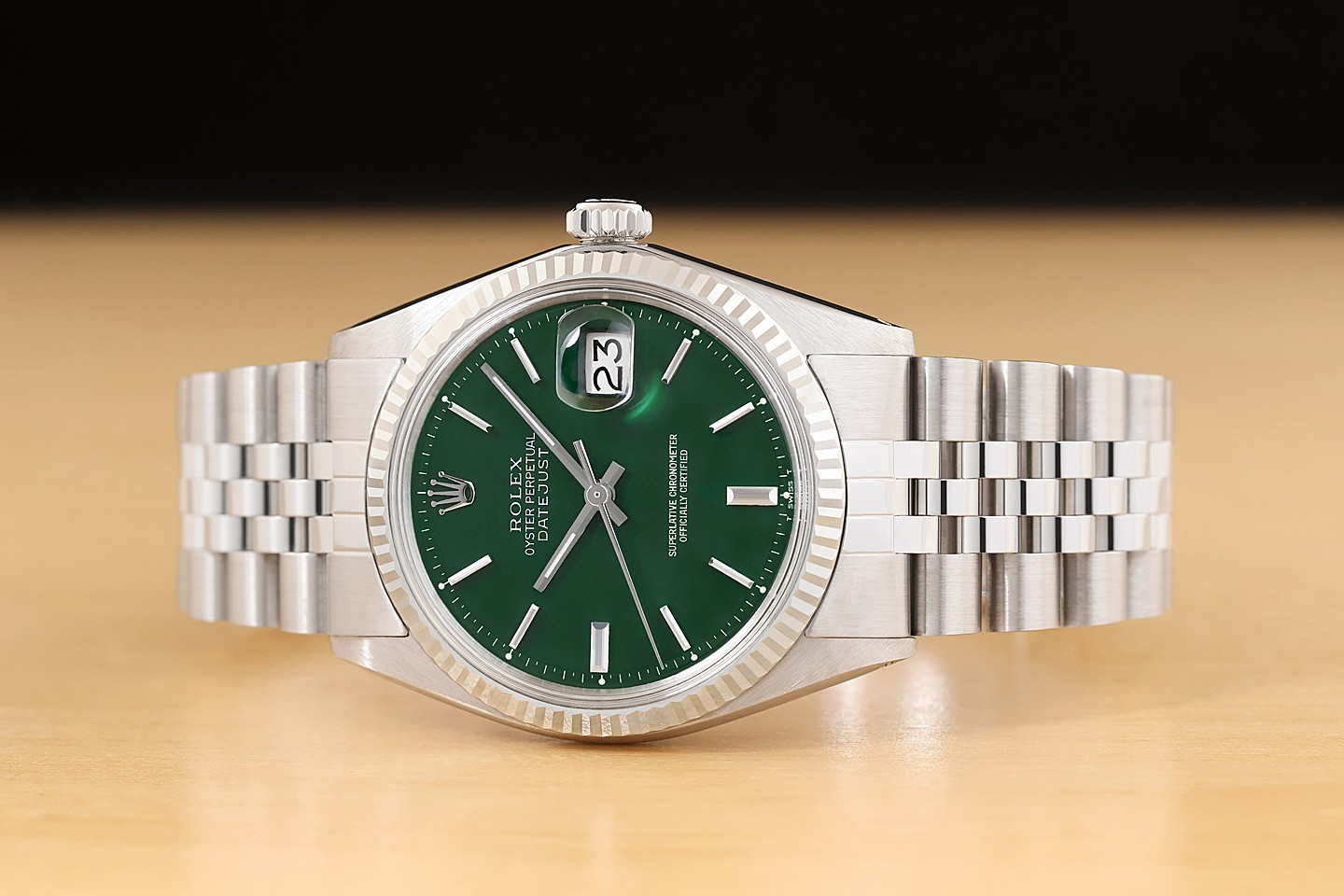 ROLEX MENS DATEJUST GREEN DIAL 18K WHITE GOLD STEEL WATCH w/ JUBILEE BRACELET