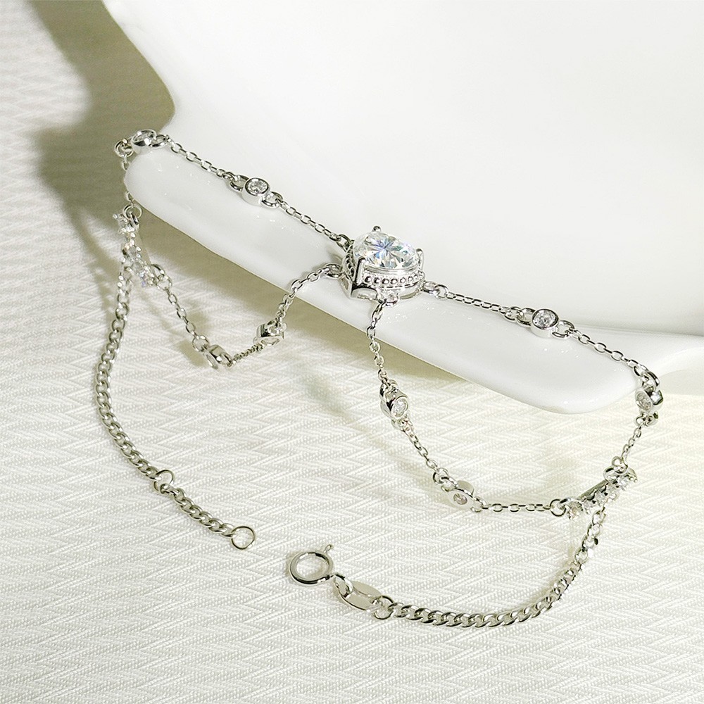7mm D Color Heart Cut Real Moissanite Women Bracelet Chain 925 Sterling Silver