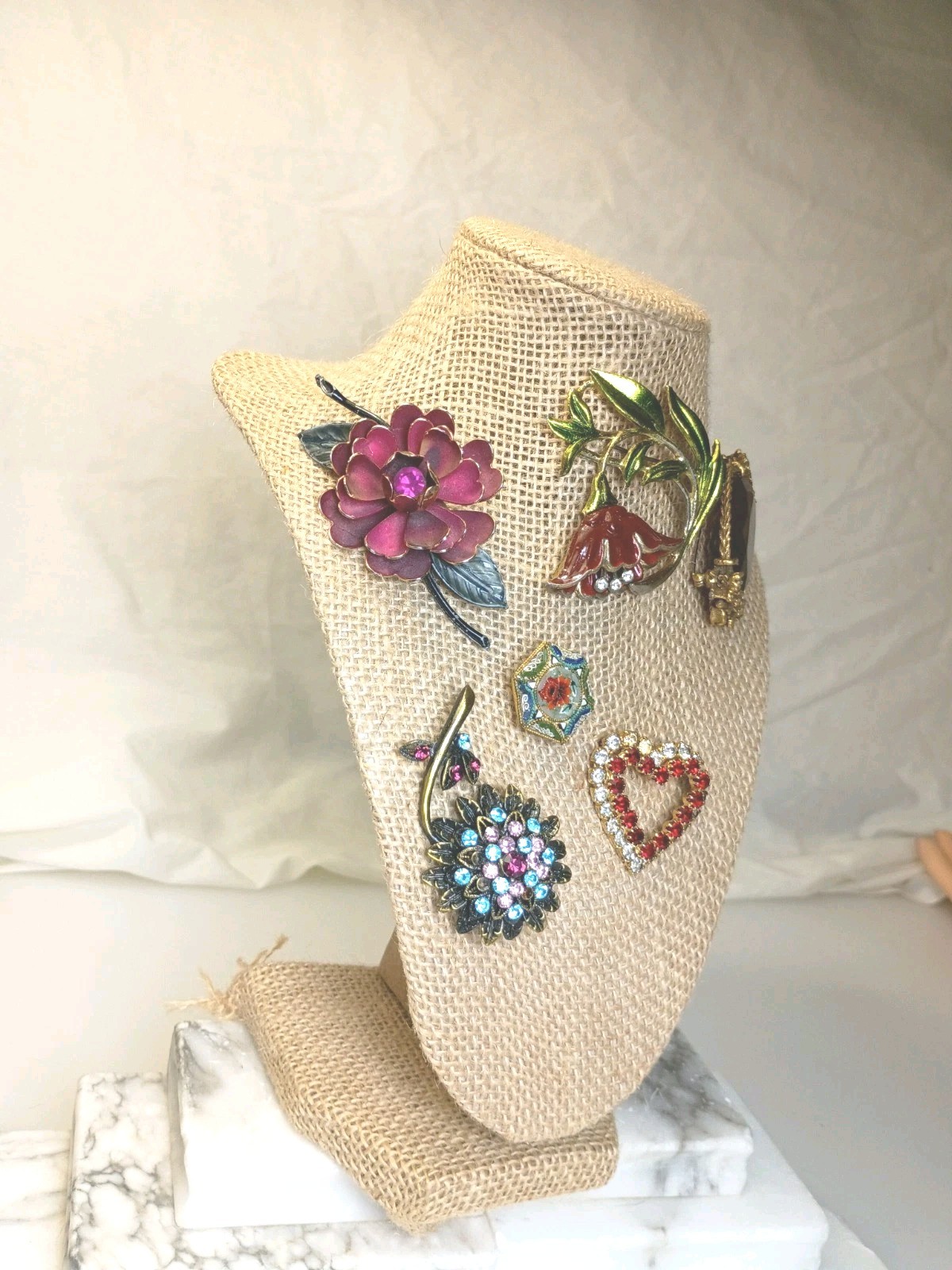 Vintage To Current Brooches Lot of 6 Rhinestone Glass Enamel Paint Gold Fill