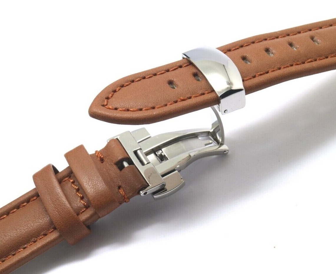 20 22 24mm Brown Genuine Leather Watch Strap Silver Push Button Deployant Clasp