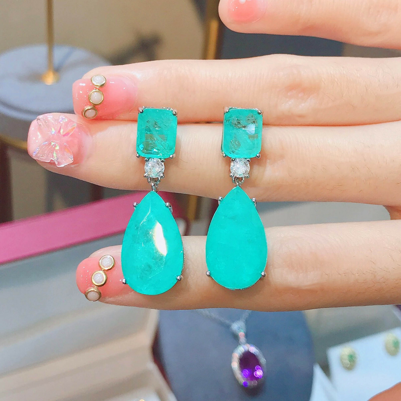 New Hotsale Neon Blue Tourmaline Gems Fashion Women Silver Stud Dangle Earrings