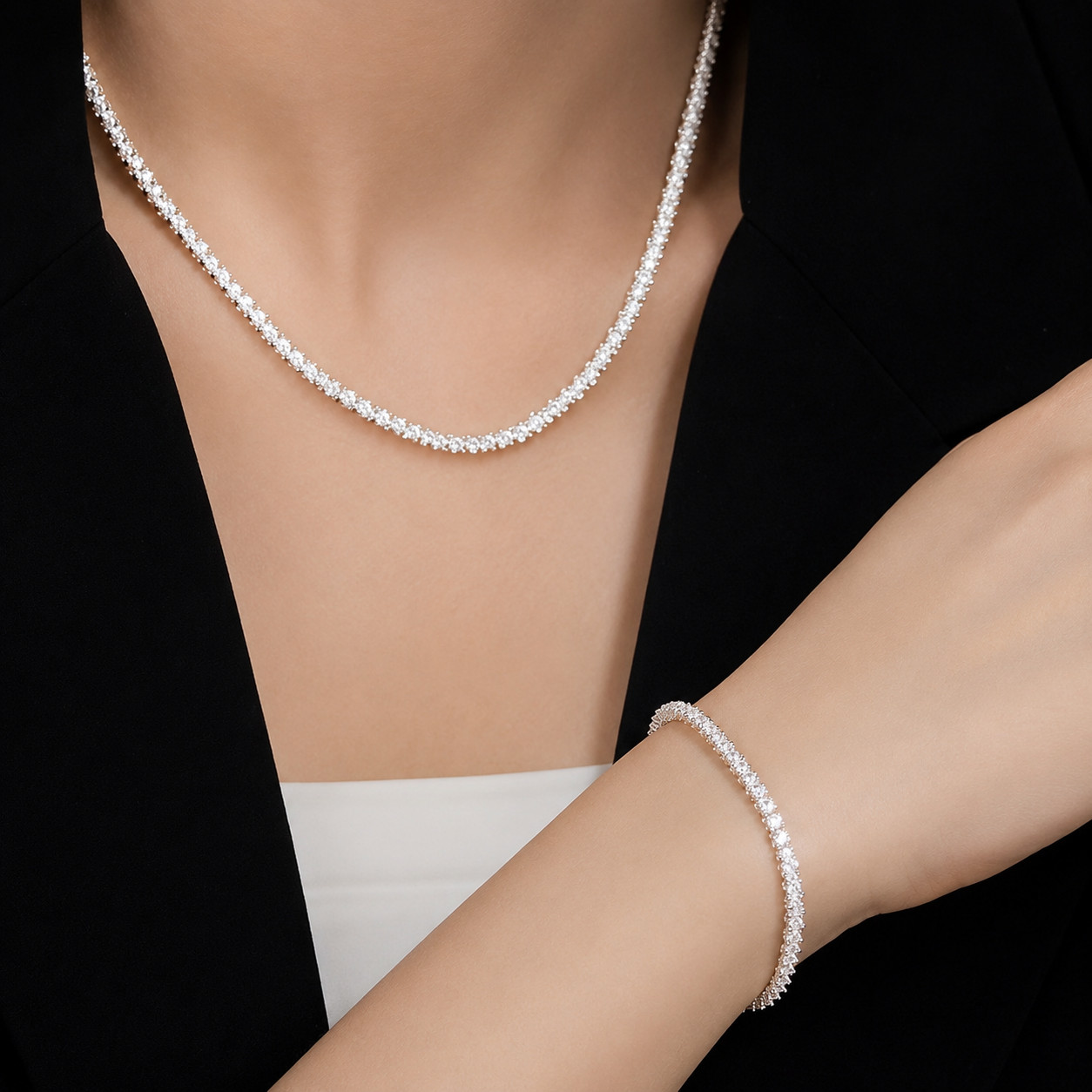 2PCS 925 Sterling Silver Chain Necklace Bracelet Jewelry Set for Women Men