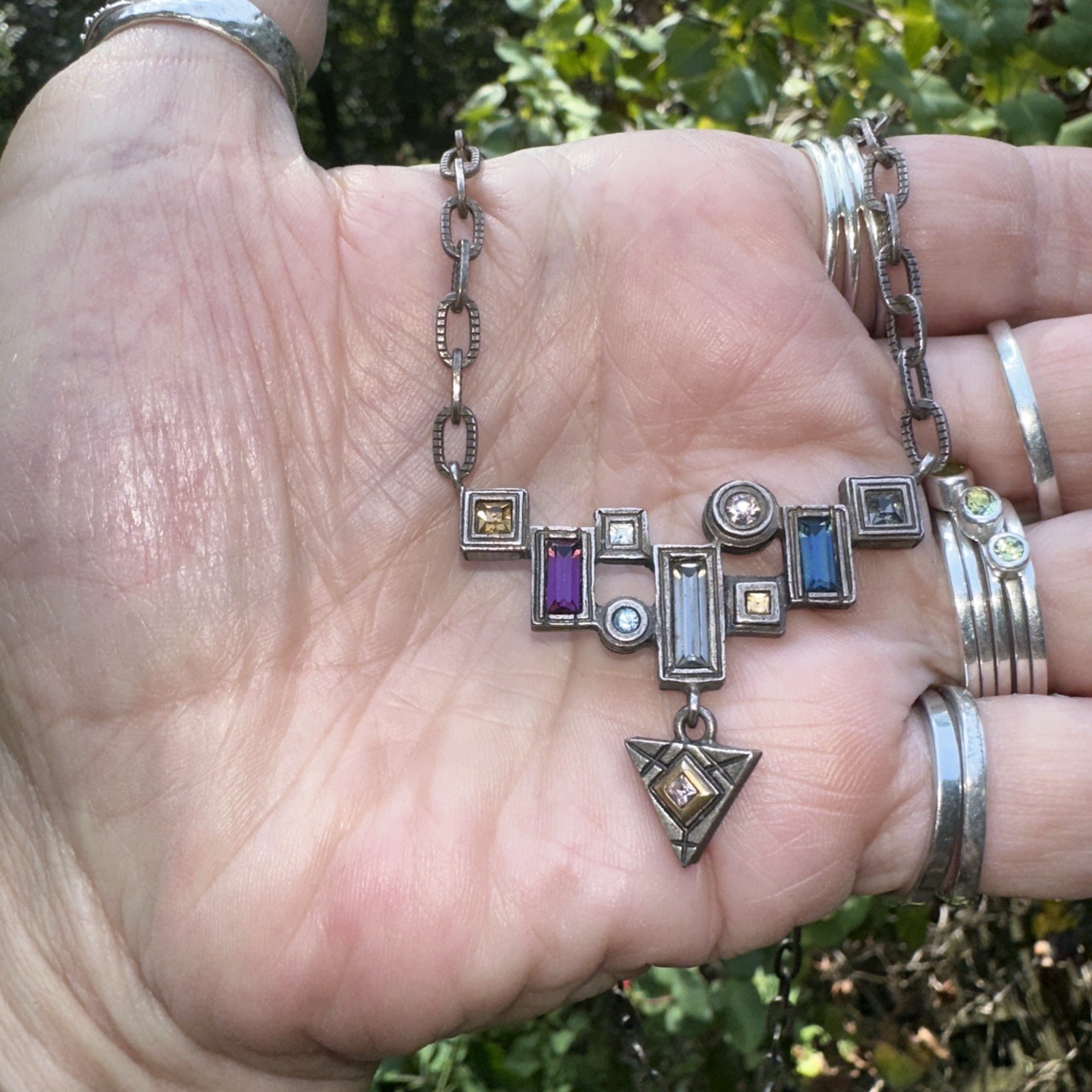 VTG Patricia Locke Silver Geometric Statement Necklace 18” inch