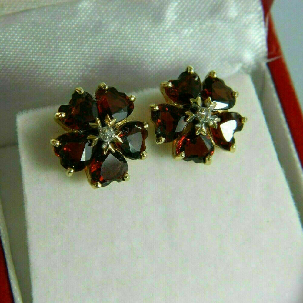 14K Yellow Gold Over 2.20 Ct Heart Cut Lab-Created Red Ruby Flower Stud Earrings