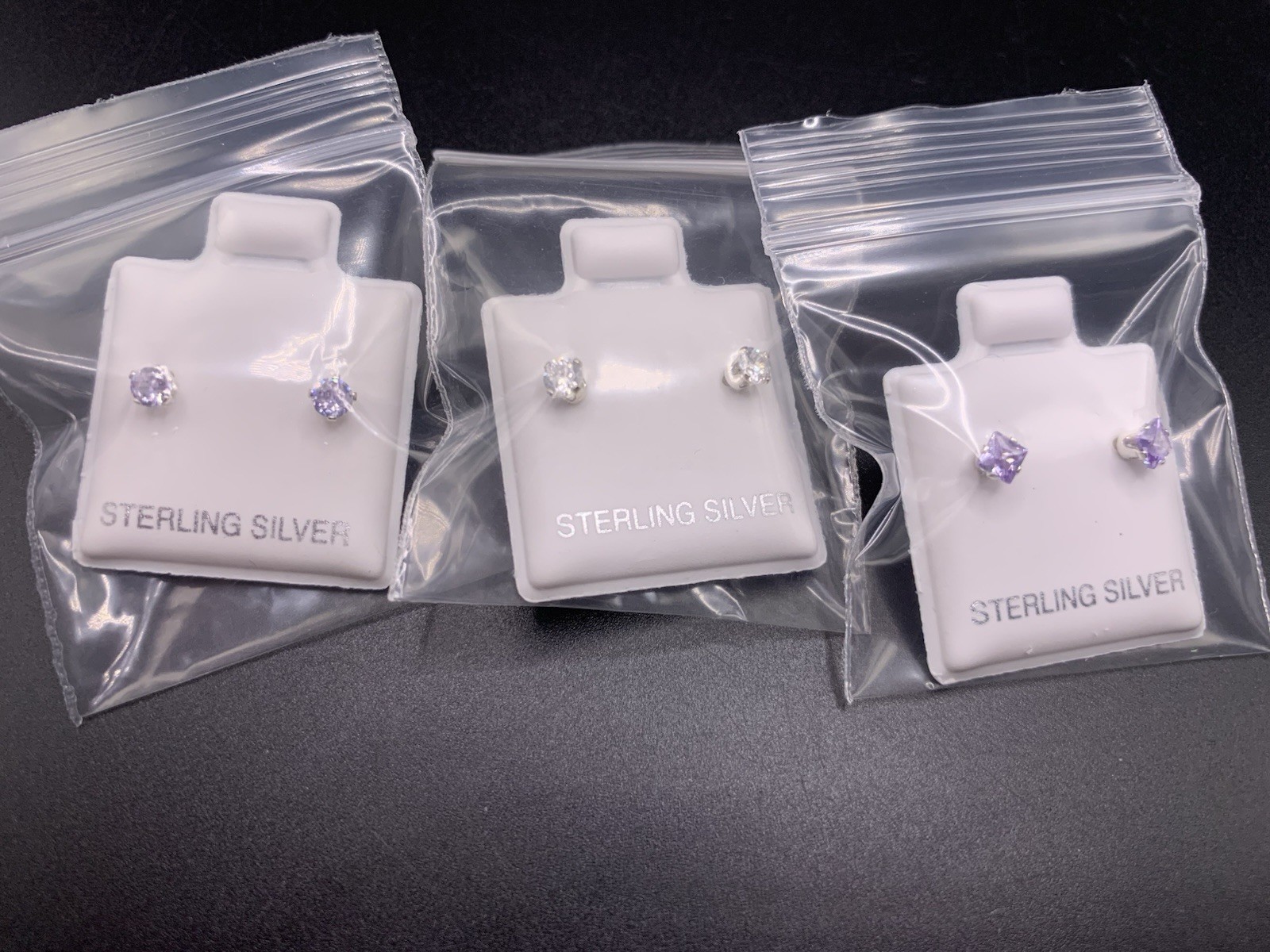 3 pairs Of Dainty 925 Sterling Silver white and purple CZ stud earrings