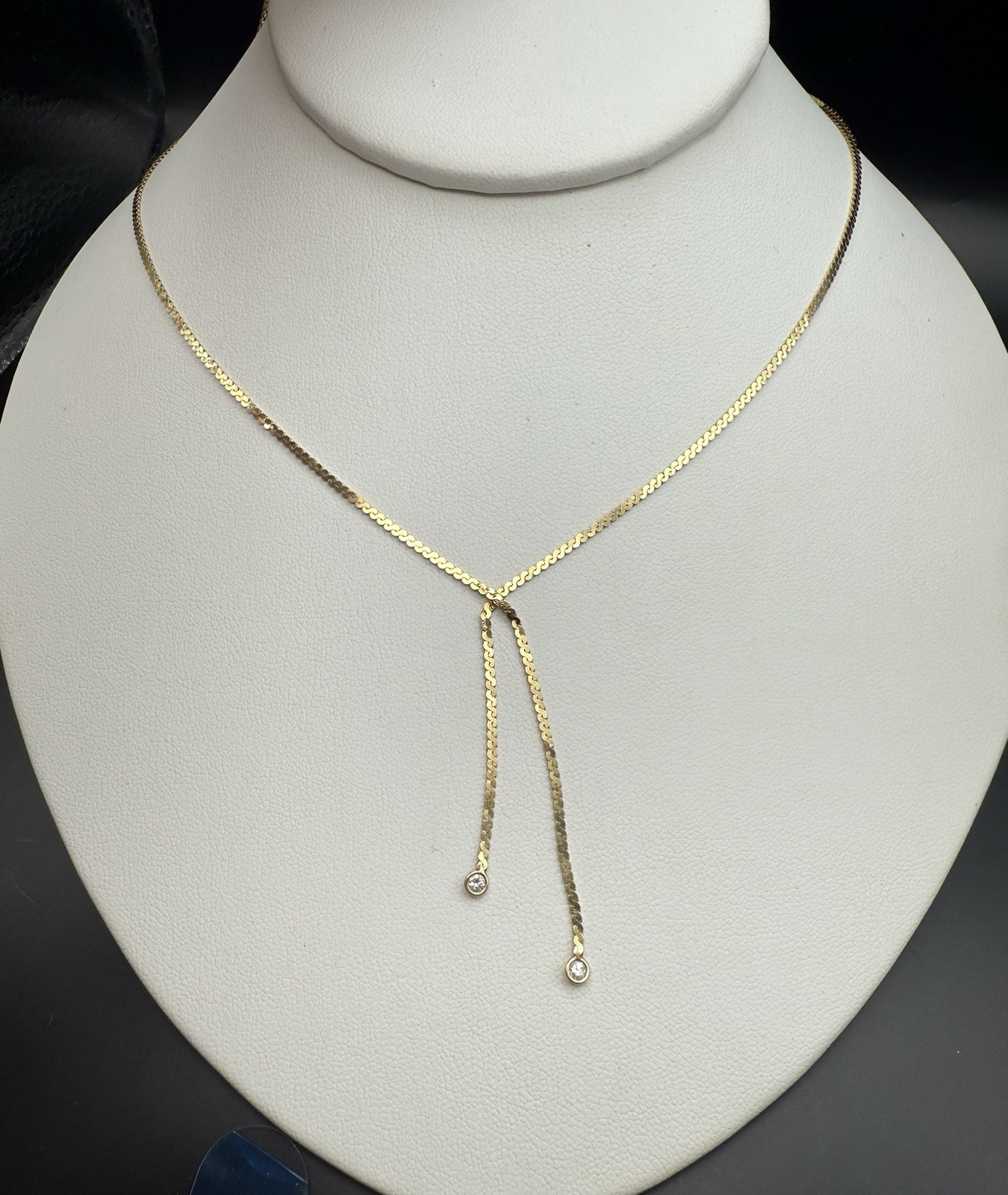 Vintage 14k Solid Yellow Gold Serpentine Lariat Necklace w/Diamonds 4.5g,18.5in