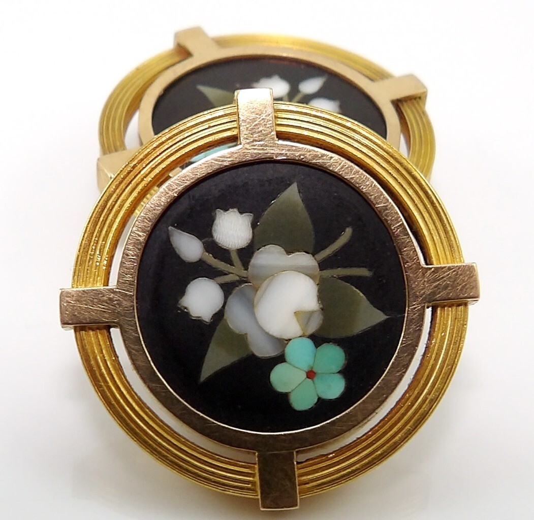 VTG Pietra Dura 18K Yellow Gold Shirt Blouse Button Studs/Earrings LNG2