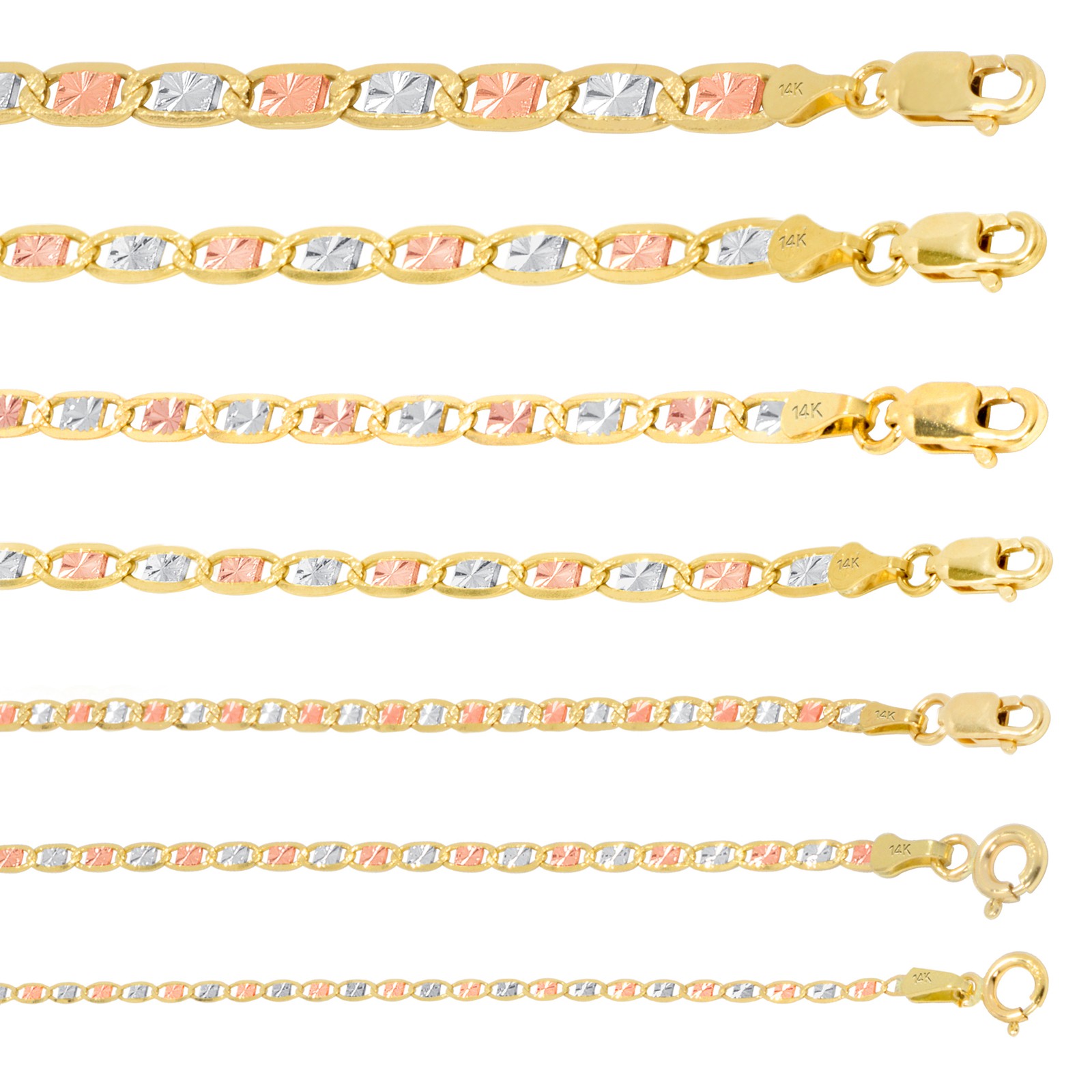 14K Solid Yellow Rose White Tri Gold 1.5mm-6mm Valentino Chain Necklace 16″- 26″